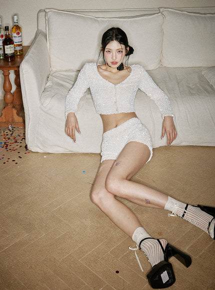 Sequin Textured Crop Top and Mini Skirt Set