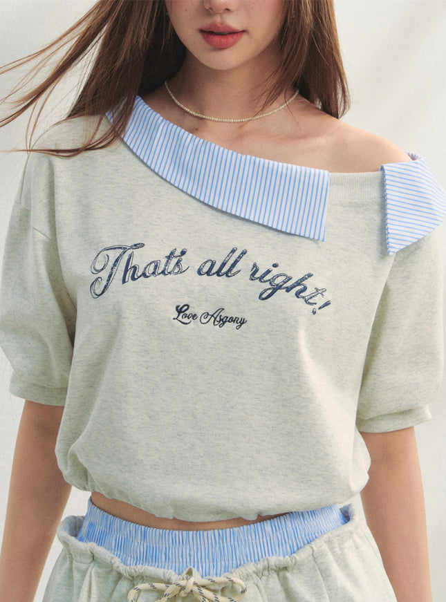 Striped Embroidered Top & Skirts Two-Piece Set - Light Grey