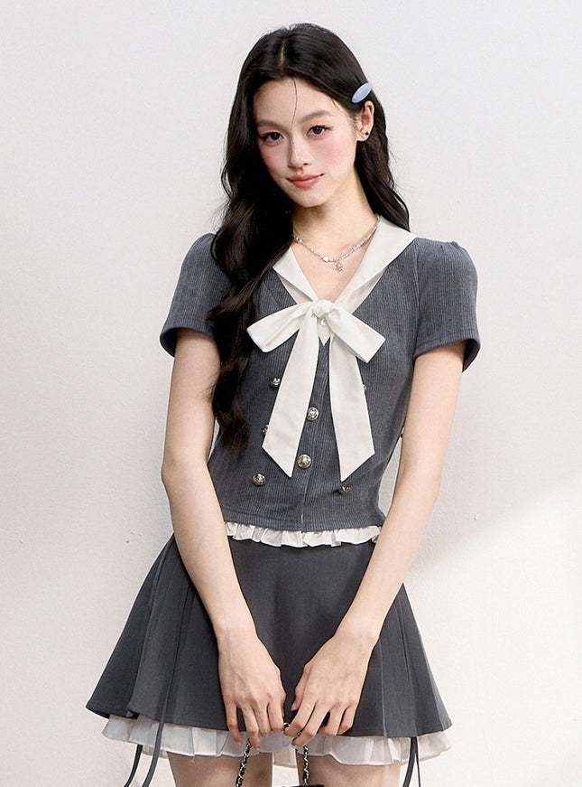 Bow Tie Knit Top & Pleated Mini Skirt Set