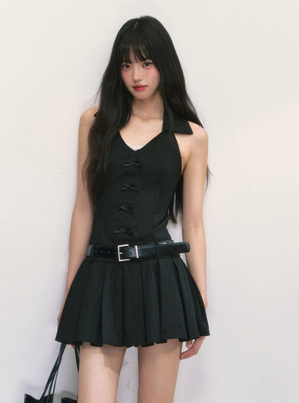 Halter Collar Pleated Mini Dress