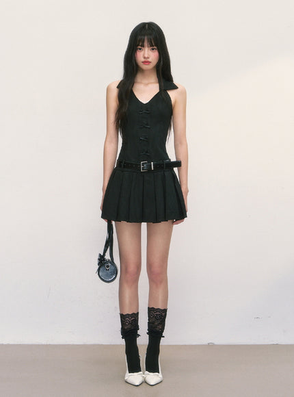 Halter Collar Pleated Mini Dress