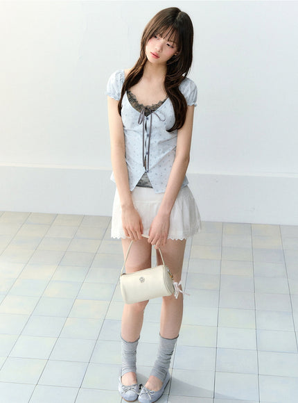 Eyelet Puff Sleeve Ribbon Top - Baby Blue