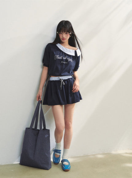 Striped Embroidered Top & Skirts Two-Piece Set - Navy
