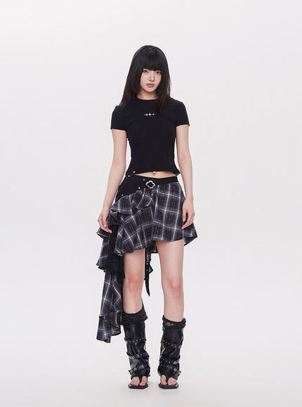 Asymmetrical Plaid Ruffle Mini Skirt