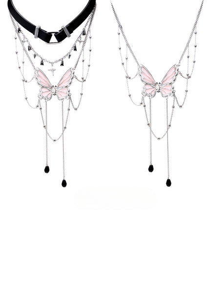 Layered Butterfly Pendant Choker Necklace