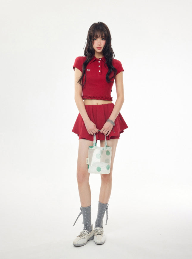 Preppy Cropped Polo and Pleated Skirt Set - Red