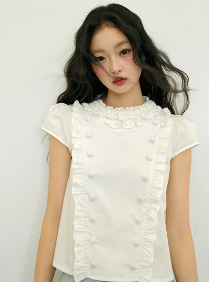 Ruffle Trim Button Blouse