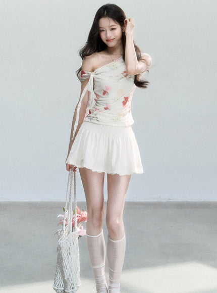 Ruched Floral Asymmetric Top