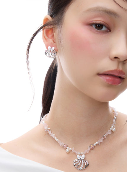 Crystal Bow Shell Stud Earrings