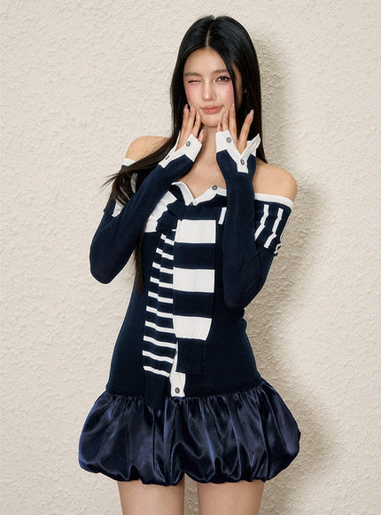 Stripe Bow Bubble Mini Dress - Navy