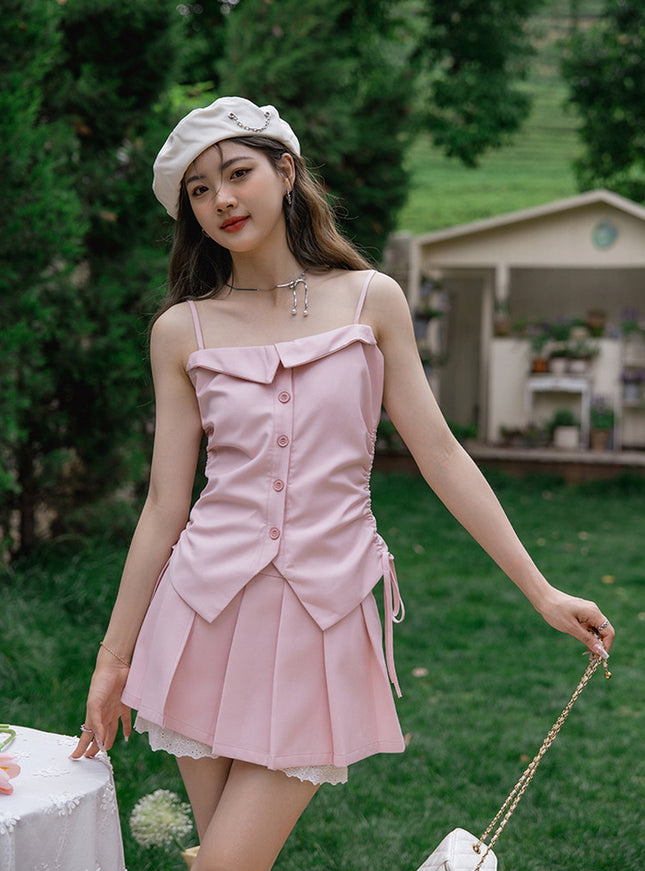 Blush Button-Up Camisole and Pleated Skirt Set