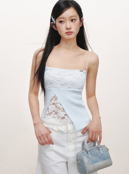 Lace Panel Slim Camisole Top - Blue