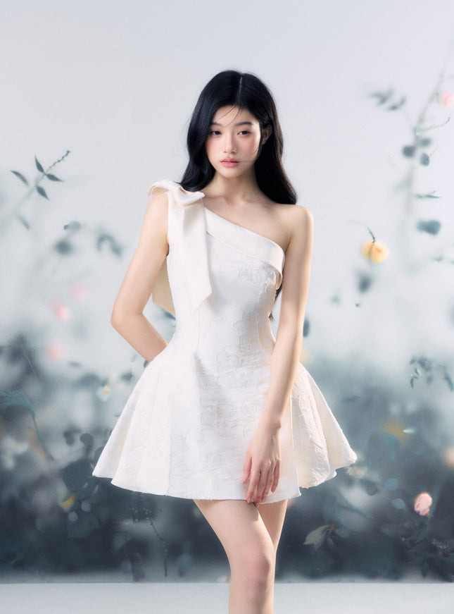 Floral Jacquard One-Shoulder Mini Dress