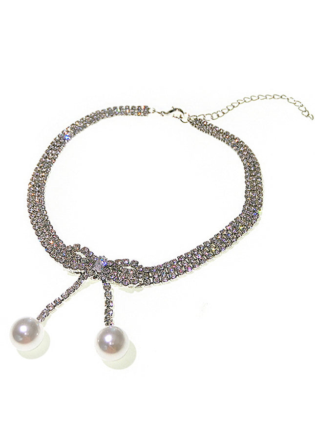 Crystal Bow Drop Pearl Choker