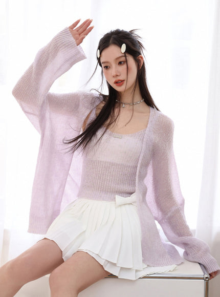 Soft Lilac Sheer Knit Cardigan Set