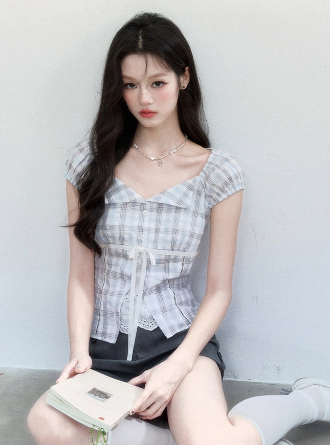 Plaid Puff Sleeve Corset Top