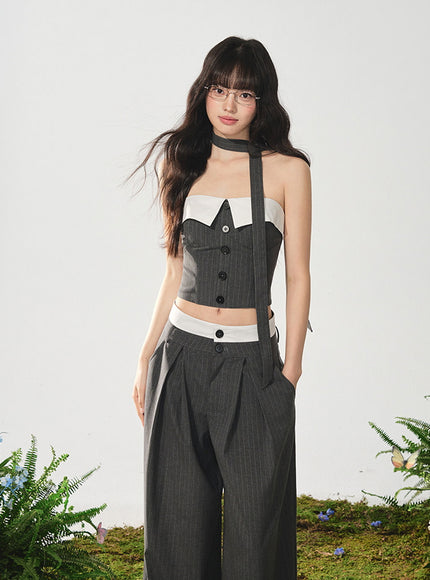 Panel Bustier and Wide-Leg Pants Set
