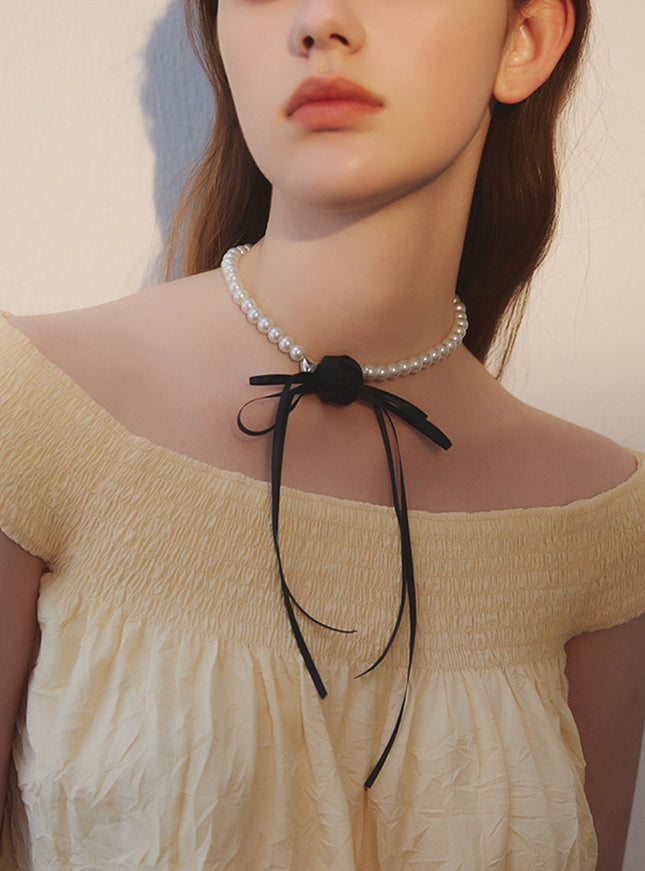 Pearl Rose Ribbon Tie Choker