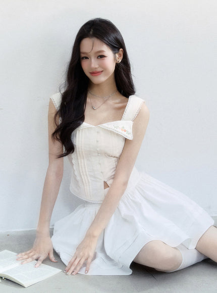 Embroidered Collar Button-Up Corset Top