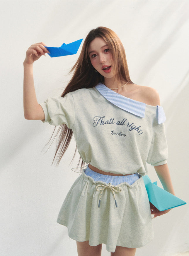 Striped Embroidered Top & Skirts Two-Piece Set - Light Grey