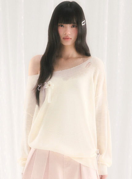 Sheer Ribbon Detail Relaxed Knit Top