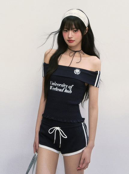 Emblem Off-Shoulder Smocked Top - Navy
