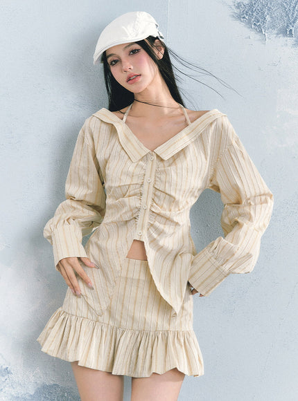 Striped Blouse & Ruffle Mini Skirt Set