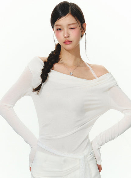 Sheer Off-Shoulder Slim Fit Top