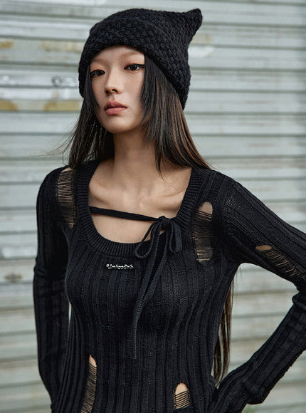 Distressed Bow Knit Top - Black