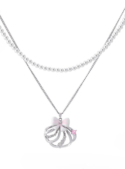 Convertible Pearl & Crystal Bow Layered Necklace