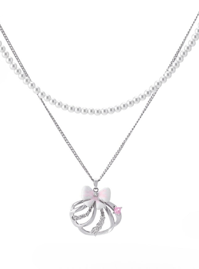 Convertible Pearl & Crystal Bow Layered Necklace