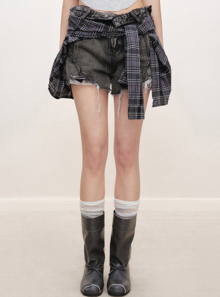 Layered Plaid Wrap Denim Skort