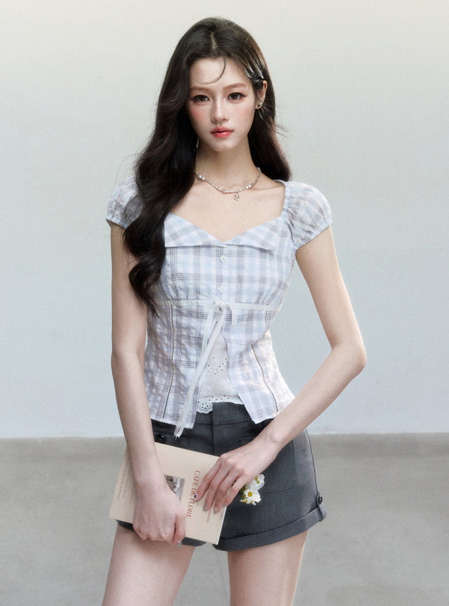 Plaid Puff Sleeve Corset Top