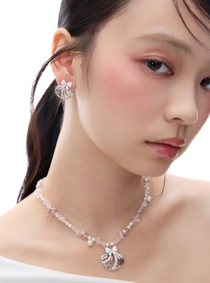 Crystal Bow Shell Stud Earrings