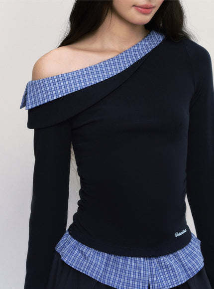 Off-Shoulder Check Trim Top