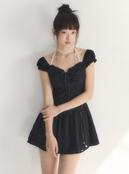 Off-Shoulder Ruched Cotton Mini Dress
