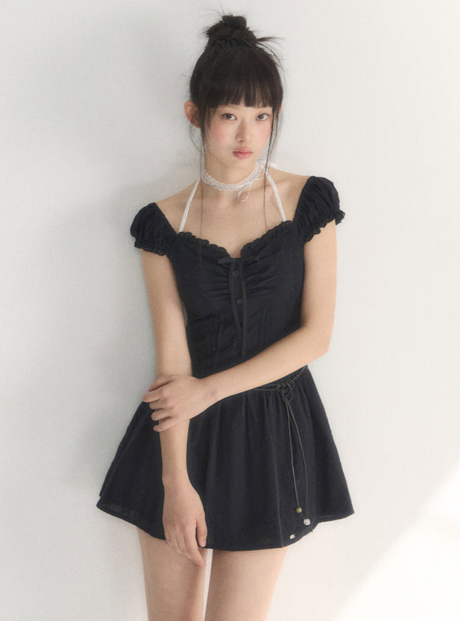 Off-Shoulder Ruched Cotton Mini Dress