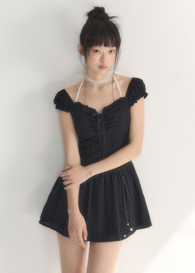 Off-Shoulder Ruched Cotton Mini Dress