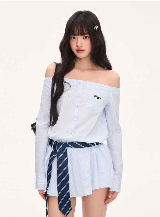 Stripe Off-Shoulder Shirt Dress