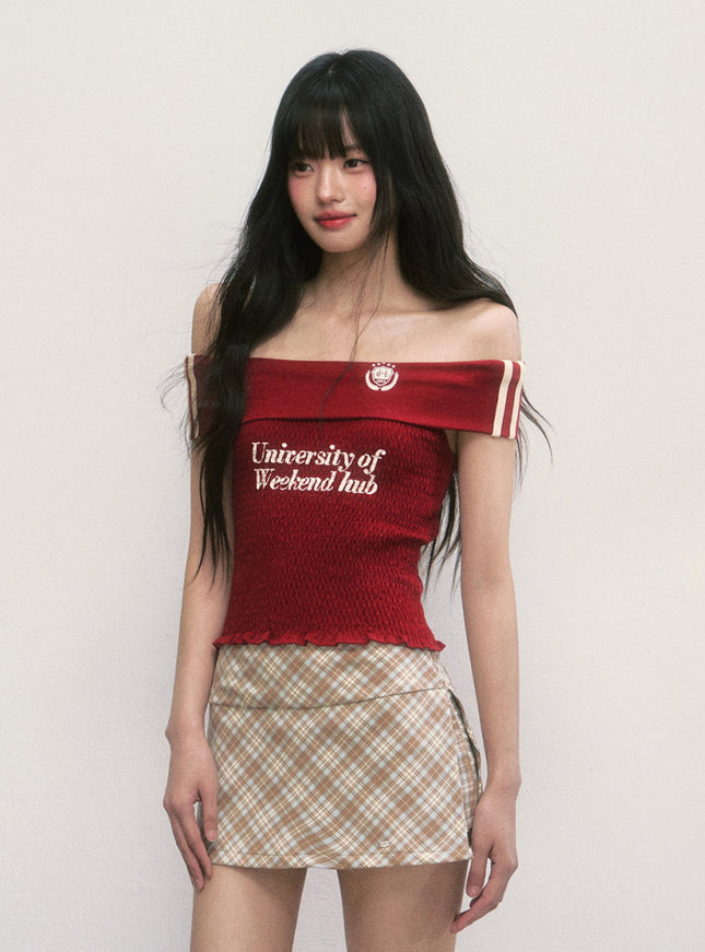Emblem Off-Shoulder Smocked Top - Red