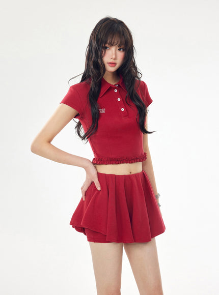 Preppy Cropped Polo and Pleated Skirt Set - Red