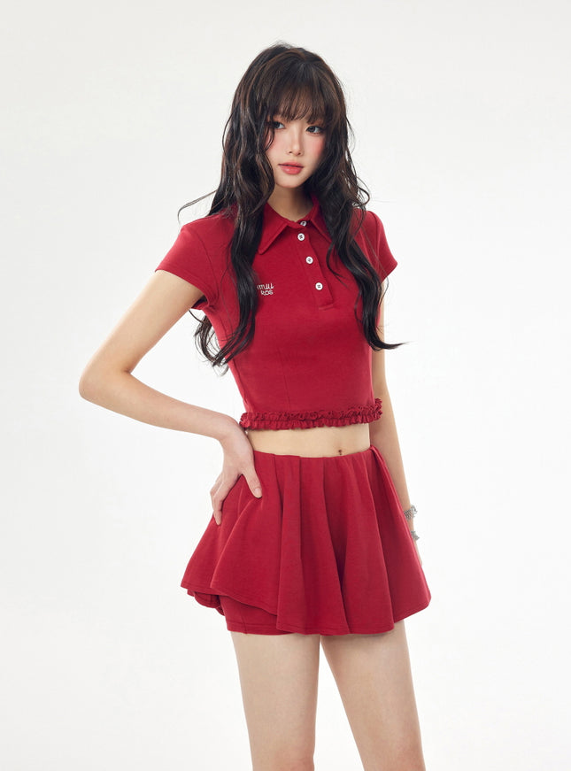 Preppy Cropped Polo and Pleated Skirt Set - Red