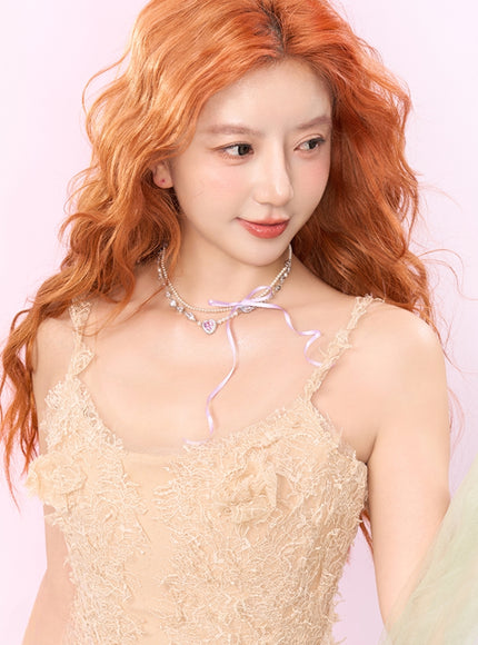 Crystal Heart Bow Pearl Choker Necklace