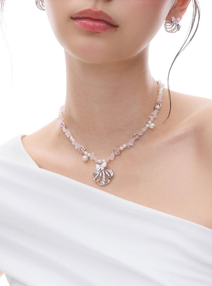 Crystal Bow & Pearl Pink Stone Necklace