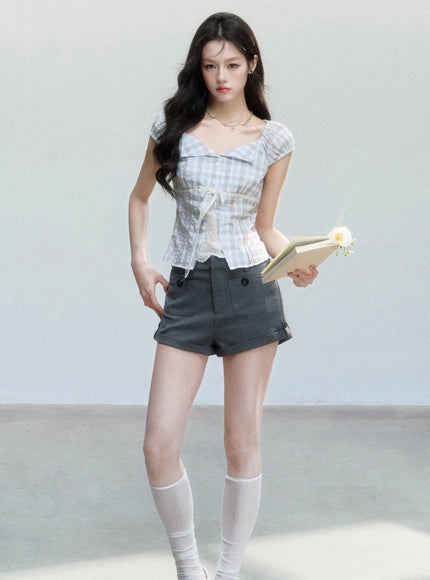 Plaid Puff Sleeve Corset Top