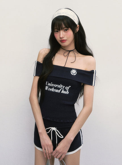 Emblem Off-Shoulder Smocked Top - Navy