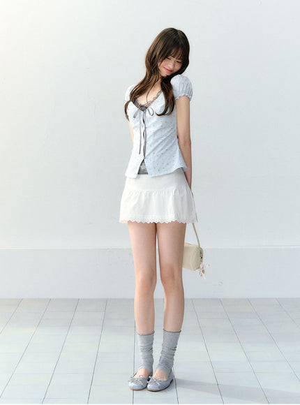 Eyelet Puff Sleeve Ribbon Top - Baby Blue