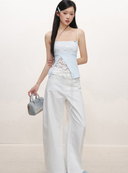 Lace Panel Slim Camisole Top - Blue