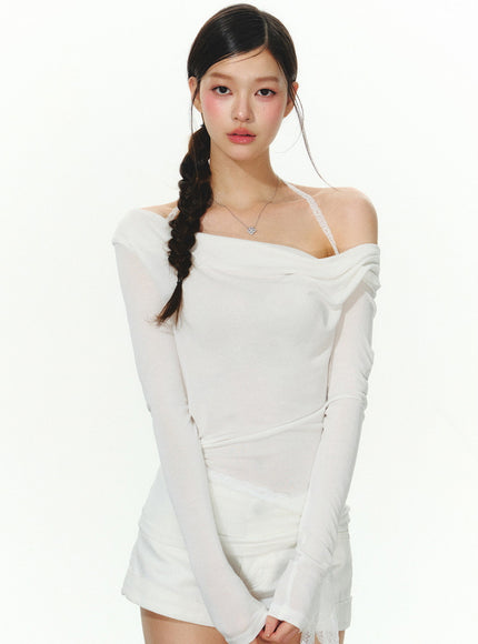 Sheer Off-Shoulder Slim Fit Top