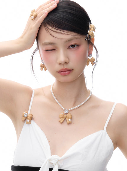 Wooden Bow Pearl Drop Earrings